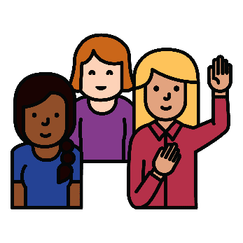 3 women, 1 woman with 1 hand in the air and the other pointing to herself