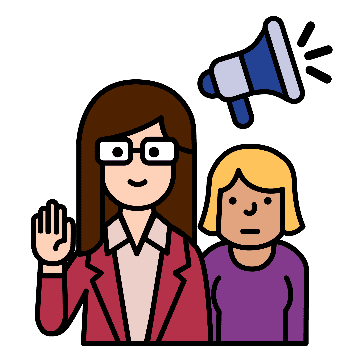 2 women, 1 with her hand raised. There is an advocacy symbol next to them