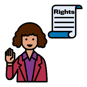 An icon of a woman wearing a red blazer with a scroll above her with the title on it: 'Rights'