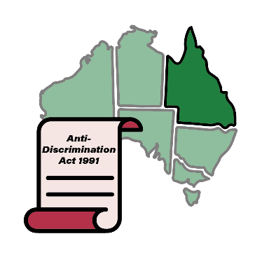 A map of Australia with Queensland coloured in. There is an Anti-Discrimination Act 1991 document next to it