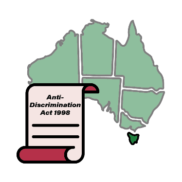 A map of Australia with Tasmania coloured in. There is an Anti-Discrimination Act 1998 document next to it
