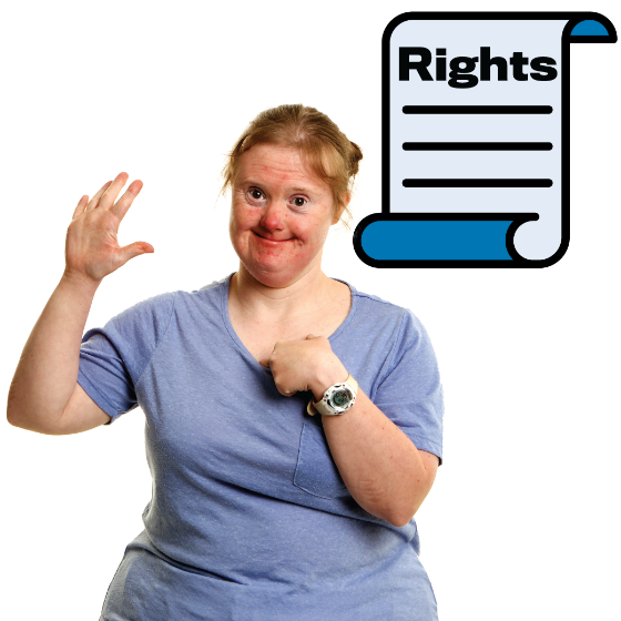 Woman pointing at herself with her other hand raised. There is a Rights icon above her.