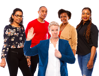 5 people standing together. 1 woman has 1 one hand in the air and her other hand is pointing at herself