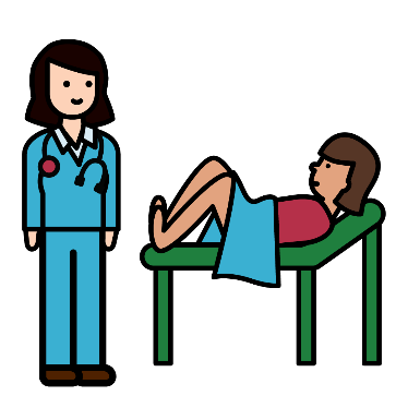 A woman lying on a bed in a doctor’s office. There is a sheet over her stomach and legs. There is a doctor standing next to her