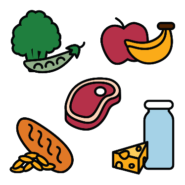 Food, including meat, dairy, fruit, vegetables and bread