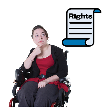 A woman thinking with a rights document next to her