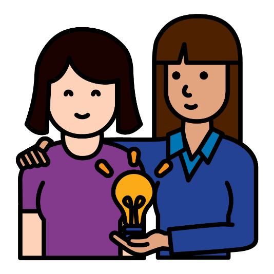 Mentor holding a lightbulb with another woman.