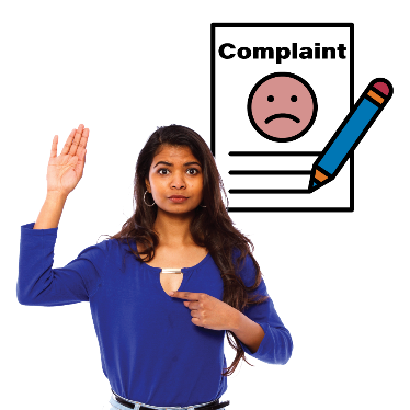 A woman with 1 hand in the air and the other pointing to herself. There is a complaint document next to her