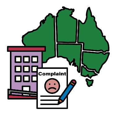 A map of Australia with a building for an organisation an a complaint document