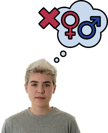 A person thinking about being male or female. There is a cross next to the male and female symbols