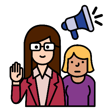 2 women, 1 with her hand raised. There is an advocacy symbol next to them.