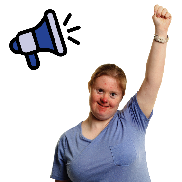 A woman with disability raising her fist in the air with an advocacy symbol next to her
