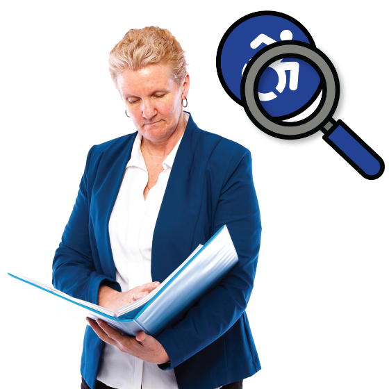 A woman looking at a document. There is an accessible icon with a magnifying glass on top of it next to her