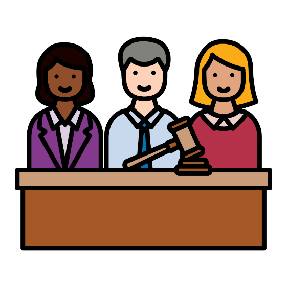 3 people standing behind a bench with a gavel on it, like in a court