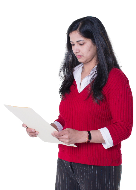 A woman reading a document