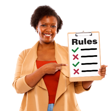 A woman holding a clipboard with a list of rules on it