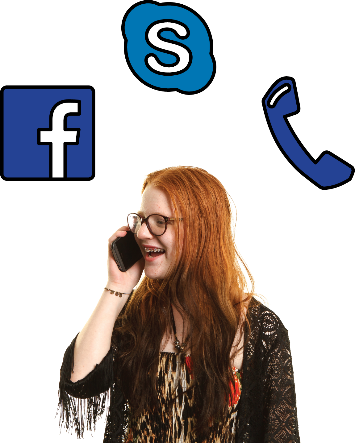 A woman talking on the phone. There are icons for facebook, skype and a phone next to her