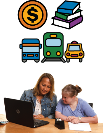 Two women looking at a computer. Above them is a symbol for transport, money and books