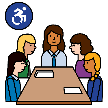 A group of people on a Board having a meeting. There is an accessible icon next to them