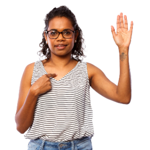 A woman with 1 hand in the air and the other pointing to herself