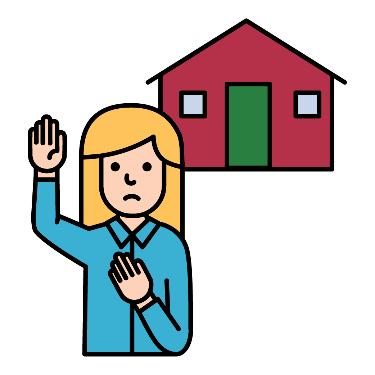 Woman pointing at herself with her hand raised. There is a house icon behind her.