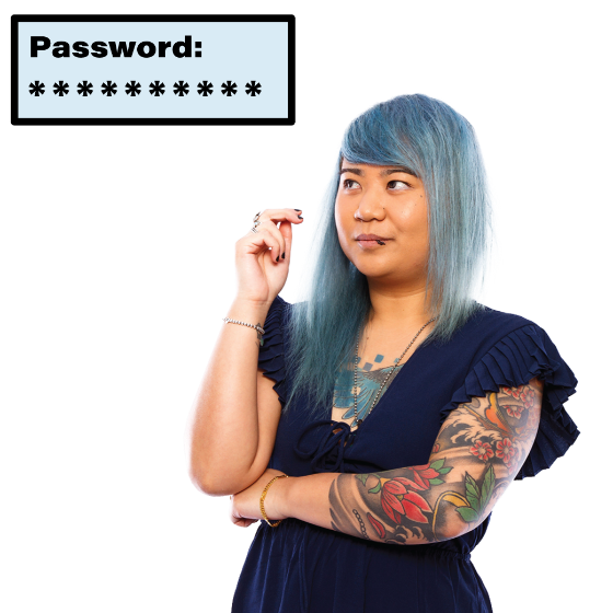 A woman thinking. There is a password icon next to her