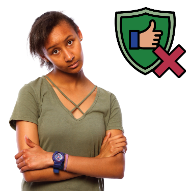 A girl with her arms crossed. There is a safety symbol with a cross on it