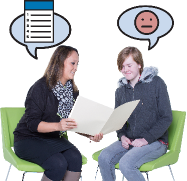 Woman counselling a young girl. There is a speech bubble with a list of things above the woman, and there is a blank face above the girl.