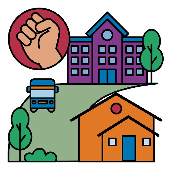 A group of buildings showing the community, a school and a house. There is a violence symbol next to the buildings
