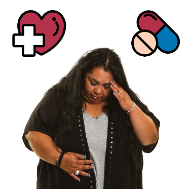 A woman holding her head and her stomach. There is a heart with a healthcare symbol and some medication next to her