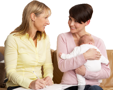 A woman holding a baby talking to another woman