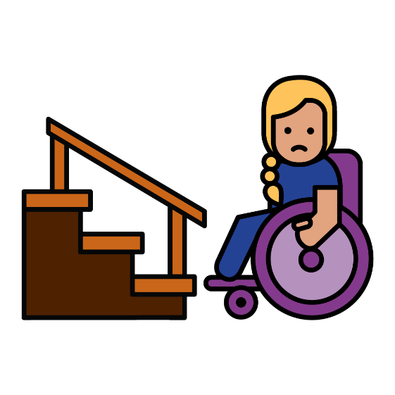 A woman in a wheelchair next to a set of stairs