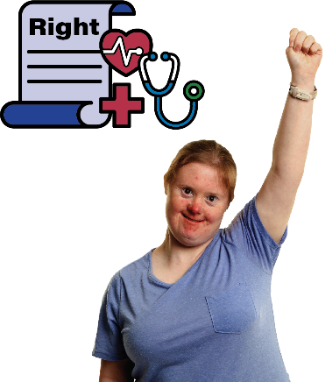 A woman with a fist in the air. There is a rights document and symbols for healthcare next to her