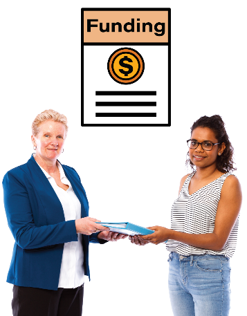 2 women holding a piece of paper, with a funding document next to them