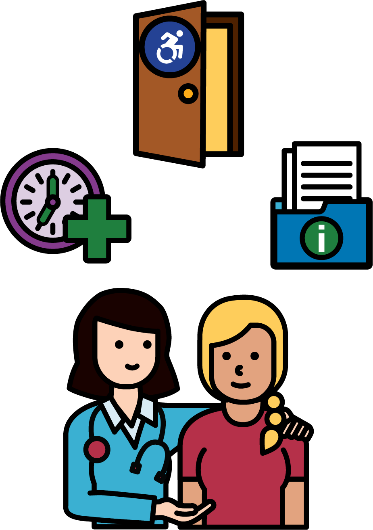 A woman and a doctor standing together. There are icons for extra time, information and an accessible room around them
