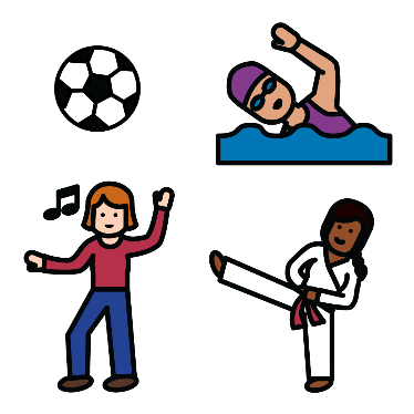 A montage of 4 icons – a soccer ball, a person swimming, a person doing karate and a person singing