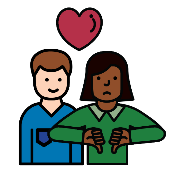 A woman and a man standing next to each other. There is a heart above them. The man is smiling. The woman has her thumbs down showing she doesn’t agree