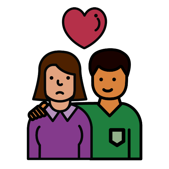 A woman and a man standing next to each other. The man has his arm around the woman. There is a heart above them. The woman is frowning