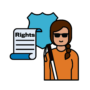 A woman with disability with a rights document and a symbol for protection next to her