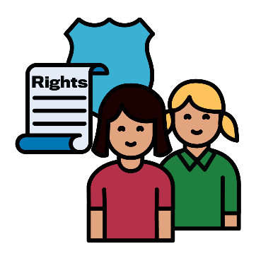 2 women with a rights document and a symbol for protection next to them