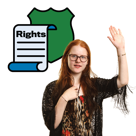 A woman with 1 hand in the air and the other pointing to herself. There is a rights document and a symbol for protection next to her