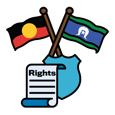A rights document and a symbol for protection with Aboriginal and Torres Strait Islander flags