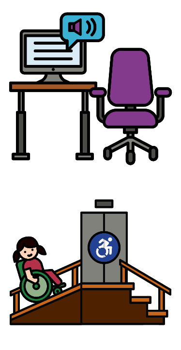 A computer with screen reader technology and a woman in a wheelchair using a ramp and an accessible lift