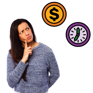 A woman thinking. There is a symbol for money and a clock next to her