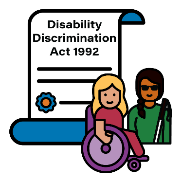 Disability Discrimination Act 1992 document next to 2 women with disability