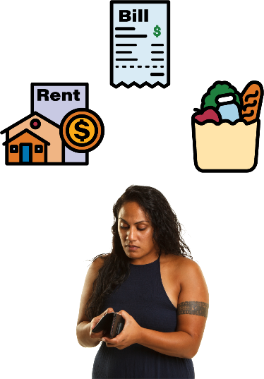A woman looking at her wallet. There is a symbol for rent, a bill and some groceries next to her