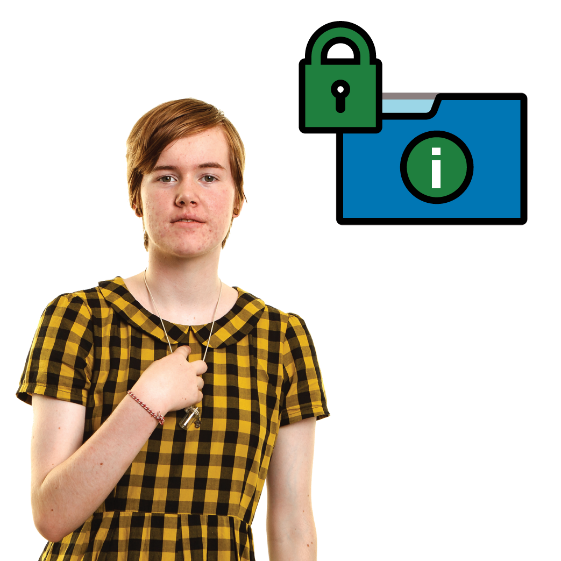 A woman pointing to herself. There is a document with an information icon and a lock next to it