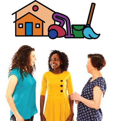 3 women standing together talking with a house and cleaning equipment next to them