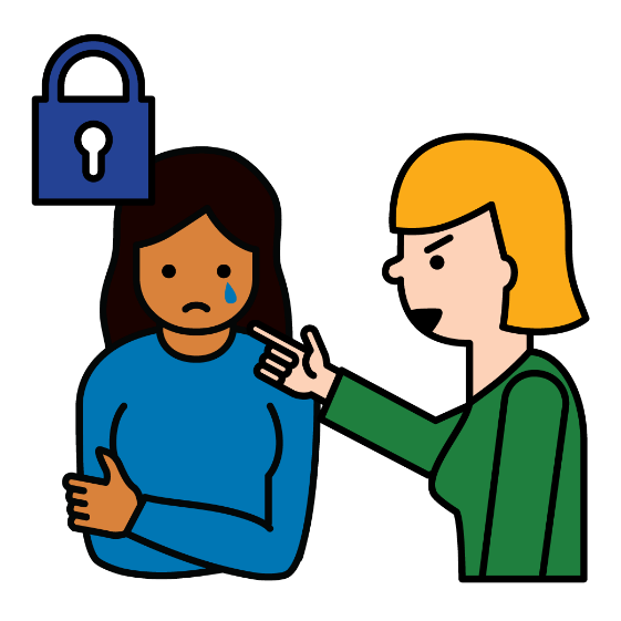 A woman pointing and yelling at another woman who is crying. There is a lock above the woman crying
