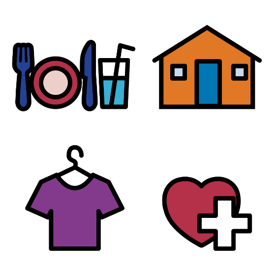 Food and water, a house, a t-shirt and a symbol for healthcare